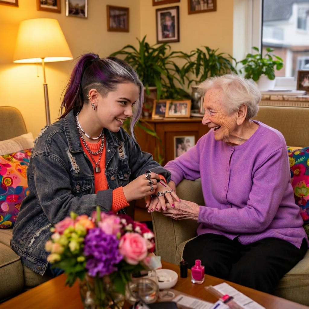 A teenager painting an elderly woman's nails at a local care home