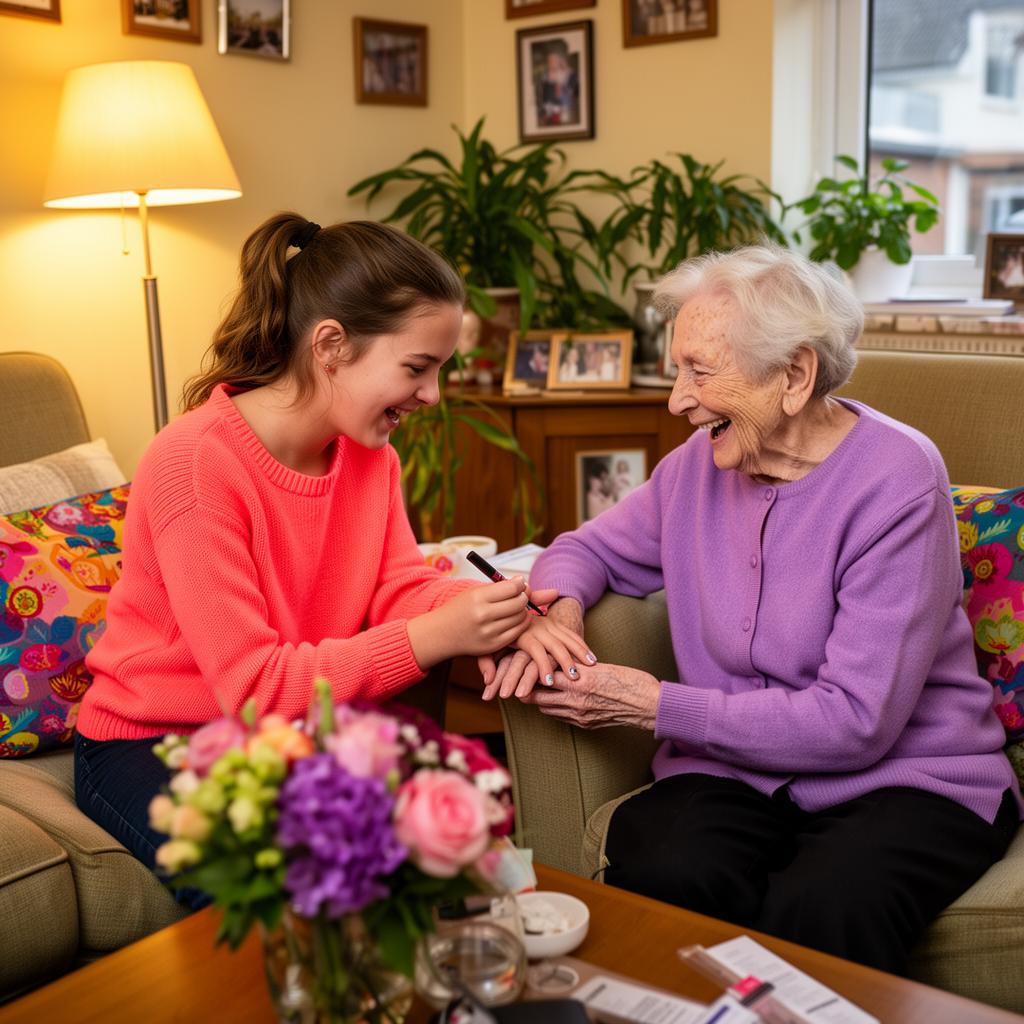 A teenager painting an elderly woman's nails at a local care home