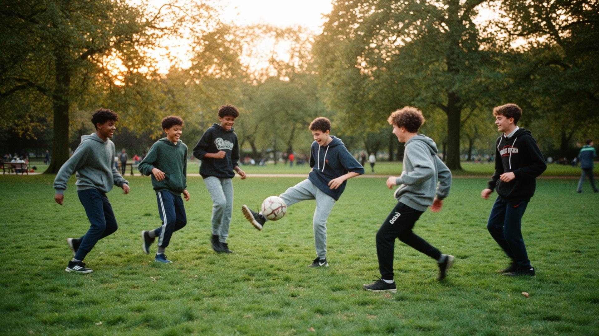 Support staff and teenagers playing football together