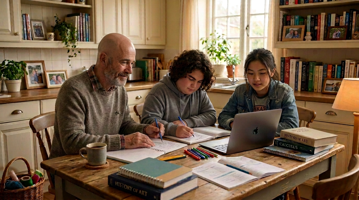 A 50-something support worker helping two young people with homework at a kitchen table