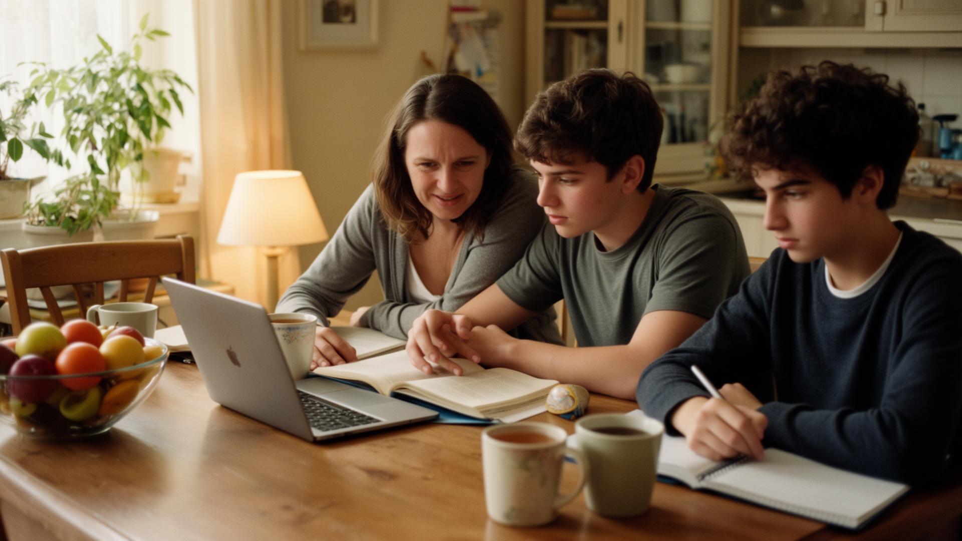 A support worker helping two young people with their homework at the dining table