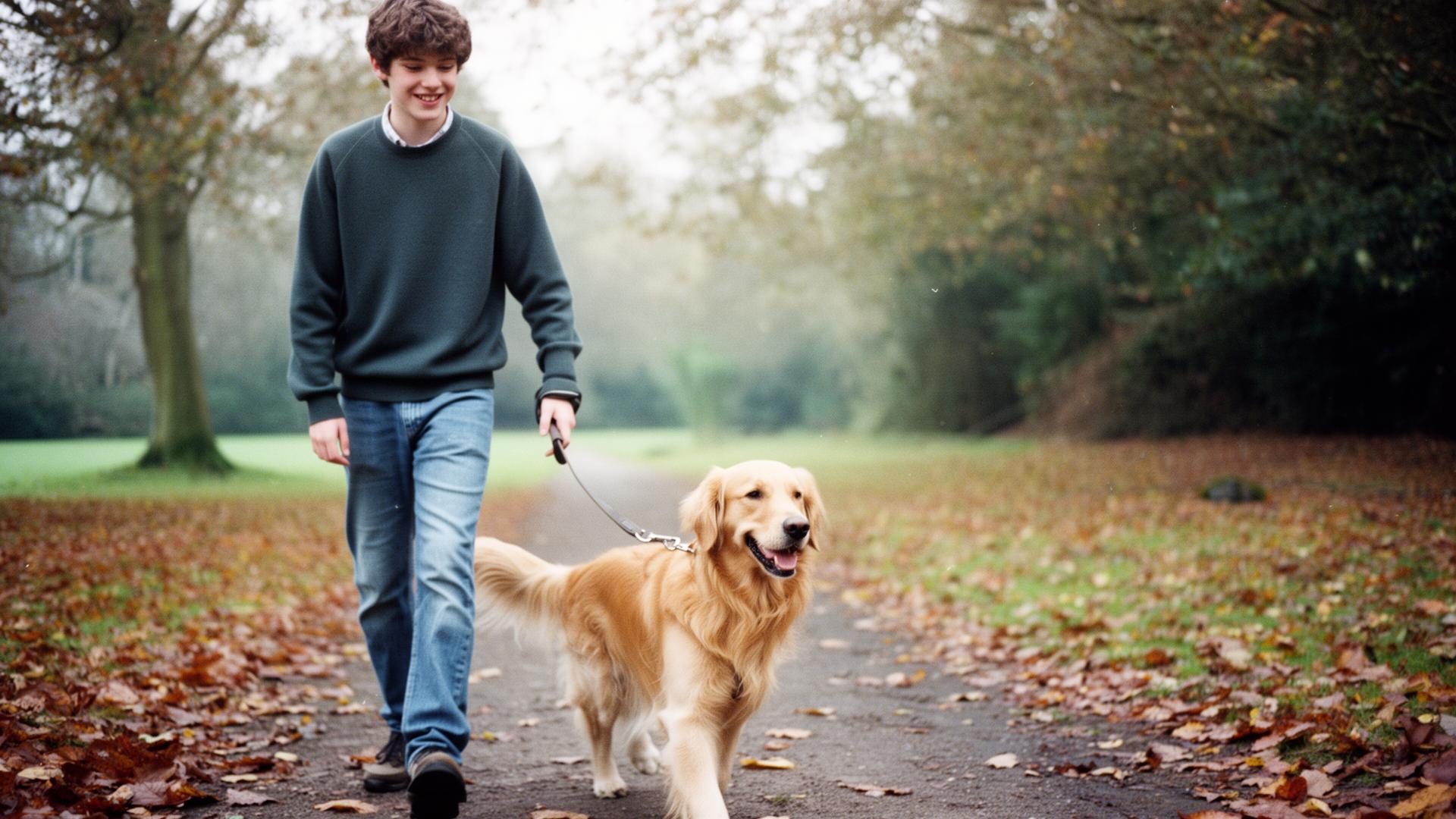 A young person laughing outdoors with a friendly golden retriever in a sunlit meadow