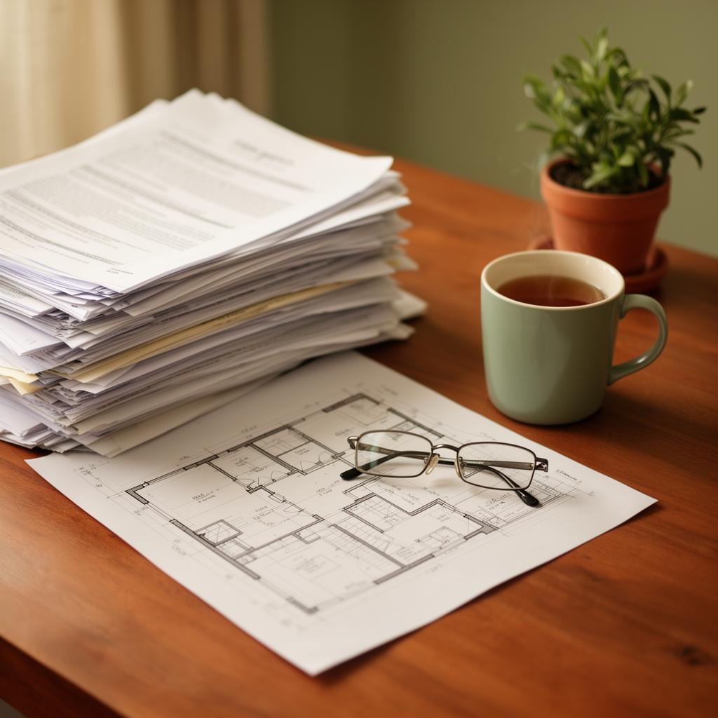 A stack of paperwork and a floor plan resting on a warm wooden desk beside a mug of tea.