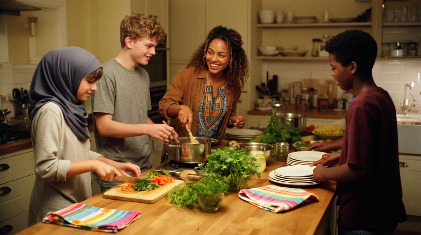 A smiling support worker cooking with young people in a warm kitchen